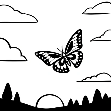 A butterfly with intricate wing patterns is flying through the sky. The wings are spread wide, showcasing their detailed designs. The background features a vast sky filled with a range of dynamic shapes and forms created by the sunset's light. The scene is framed by silhouettes of distant trees. The overall composition highlights the graceful movement of the butterfly against the expansive atmosphere.