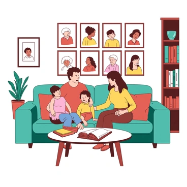 A family of five is gathered in a cozy living room, with each member sitting on a comfortable teal couch. The parents are positioned in the center, while the children are on either side. The room is warmly lit, and a coffee table with a stack of magazines sits in front of the couch. On the walls, there are several framed portraits arranged in a neat grid pattern, each depicting family members from different generations. The portraits showcase the family's history, with images of grandparents, parents, and children, highlighting the expansion of the family over the years. Decor items, such as potted plants and a bookshelf filled with books, add a homey touch to the room.