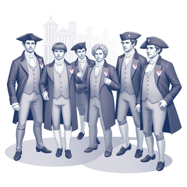 A group of individuals dressed in French Revolutionary fashion. They wear period-appropriate garments, including long coats, waistcoats, and breeches. Some have elaborate hairstyles adorned with powdered wigs or tricorn hats. Each person prominently displays a tricolor cockade on their attire, symbolizing their allegiance. The setting features cobblestone streets and historic buildings, emphasizing the revolutionary spirit of the era. The expressions on their faces convey determination and passion as they gather together.