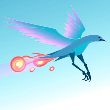 A mythical bird with iridescent feathers, its wings ablaze with vibrant flames. The bird has a sleek, elongated body and sharp talons, showcasing its majestic form. It is soaring gracefully through a clear blue sky, leaving behind a dramatic trail of glowing fireballs that illuminate the atmosphere. Each fireball is a swirling sphere of bright orange and yellow, creating a dynamic contrast against the sky's azure hue.