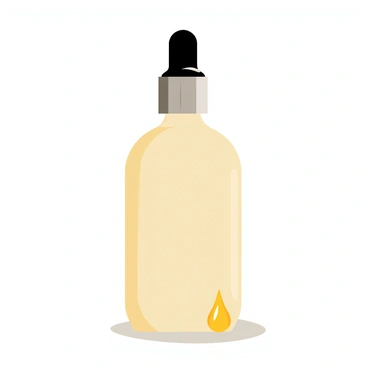 A sleek glass bottle of face serum with a rounded base and a slender neck. The bottle is transparent, revealing a light golden liquid inside. It has a black dropper cap with a silver accent at the top. Next to the bottle, there is a small drop of serum resting on a clear surface, reflecting the light. The background features soft shadows to enhance the focus on the bottle and dropper.