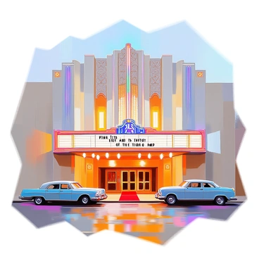 A grand cinema theater featuring an elaborate art deco design with geometric patterns and ornate details. The facade of the building is illuminated with bright lights, highlighting the intricate carvings and decorative elements. The marquee prominently displays the title of a 1940s film in bold letters, surrounded by colorful light bulbs. An entrance with polished double doors invites patrons inside, while a red carpet leads up to the theater. The surrounding area includes vintage cars parked along the curb, adding to the nostalgic atmosphere of the scene.