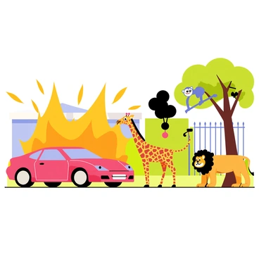 A car explosion near a zoo enclosure with startled animals reacting