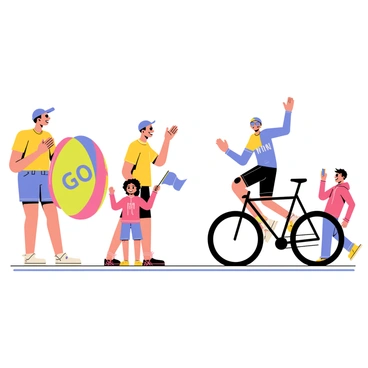A group of four family members cheering along the sidelines of a triathlon bike segment. The first person is a woman wearing a bright yellow t-shirt and holding a large, colorful sign that says "Go!" The second person is a man in a blue cap, clapping his hands with a big grin on his face. The third family member, a young girl, has curly hair and is jumping excitedly, holding a small flag. The fourth person, a teenage boy in a red hoodie, is taking a photo with his smartphone. In the background, a cyclist in a racing outfit speeds by on a sleek black road bike, wearing a helmet and sunglasses. The scene captures the supportive atmosphere of the event.