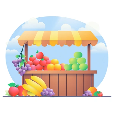 A vibrant fruit kiosk is overflowing with an assortment of fresh, ripe fruits. The kiosk features a wooden structure with a thatched roof. In the foreground, there are various fruits such as bright red apples, yellow bananas, green limes, and orange oranges stacked in neat piles. To the side, a bunch of purple grapes is hanging down, and a few strawberries are scattered on a wooden counter. The backdrop is a clear blue sky, with a few fluffy white clouds drifting above, enhancing the bright and cheerful atmosphere of the scene.