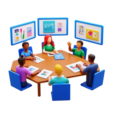 A virtual workshop featuring multiple artists. Each artist is sharing their techniques on individual screens. The screens display various art styles and tools, with colors and shapes visible. The setting includes a digitally rendered workspace filled with art supplies like brushes, palettes, and sketchbooks. The artists appear engaged and focused, demonstrating their skills while communicating with viewers. Each artist has distinct characteristics, showcasing diversity in their appearances and art forms.