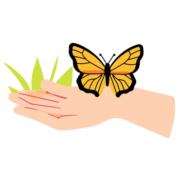 A monarch butterfly with vibrant orange and black wings gently perched on the outstretched hand of a child. The child's hand is small, with slightly chubby fingers and a light skin tone, showcasing innocence and wonder. The background features soft green grass, suggesting a sunny day outdoors, enhancing the connection between nature and childhood. The child's expression is one of joy and curiosity, reflecting their fascination with the beautiful butterfly. The wings of the butterfly are slightly open, revealing intricate patterns and vivid colors.