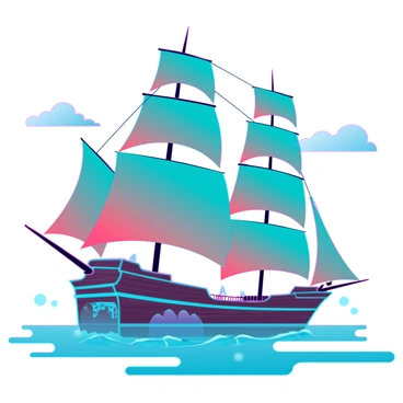 A large sailing ship gliding smoothly across the water. The ship features multiple sails, each uniquely designed in the shape of "hydrapples," with vibrant colors that transition from deep green to bright red. The sails catch the wind, billowing outward and creating a dynamic sense of movement. The hull of the ship is made of polished wood, adorned with intricate carvings of sea creatures along the sides. The sky above is clear with a few fluffy clouds, allowing sunlight to reflect off the waves surrounding the vessel.