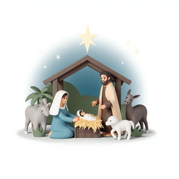 A nativity scene featuring a wooden manger with hay inside. Mary, dressed in a blue robe and a white headscarf, is seated next to the manger, looking lovingly at baby Jesus. Joseph stands beside her, wearing a brown robe and a beige shawl, with a gentle expression on his face. Baby Jesus is wrapped in a simple white cloth, lying peacefully in the manger. Surrounding the scene are several animals, including a donkey and a sheep, positioned close to the manger, adding to the serene atmosphere. The backdrop shows a starry night sky, with a bright star shining directly above the nativity.