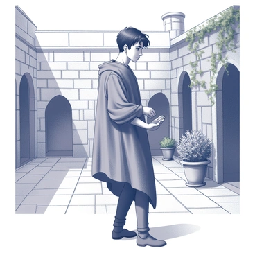 A young man stands in a stone courtyard, his posture reflecting inner turmoil. He has dark hair, slightly tousled, and a worried expression on his face. He wears a tunic that drapes around his form, suggesting nobility. His hands are clenched at his sides, and his gaze is directed downward, lost in thought. Surrounding him are ancient stone walls with ivy creeping along the edges, and a few potted plants adding a touch of life to the setting. The atmosphere is heavy with tension, as he seems caught between two opposing forces.