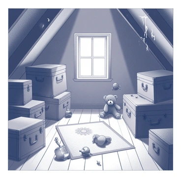 An attic filled with dusty trunks, old toys, and shafts of moonlight