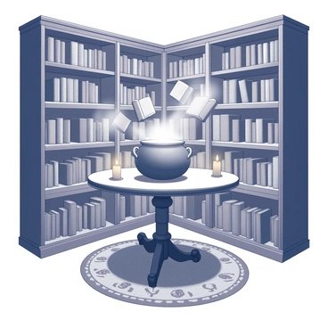 A cozy library corner with wooden bookshelves filled with various books. In the center, there is a large, round cauldron on a sturdy table, with steam rising from its surface as a potion brews inside. Several books appear to be floating in the air nearby, suspended as if by magic. The walls of the library are lined with dark wooden panels, and a few candles provide a warm, flickering light. An ornate rug covers the floor beneath the table, adding to the inviting atmosphere of the space.