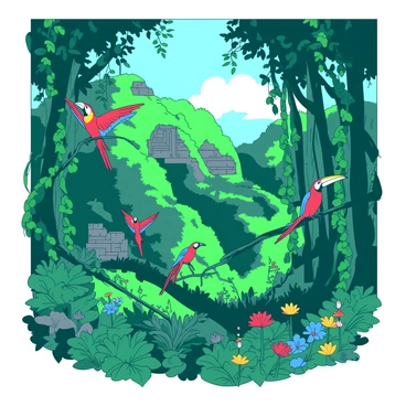 A dense jungle filled with thick green vines hanging from tall trees. Brightly colored birds with vivid feathers are perched on branches, their wings spread wide. In the background, there is a partially hidden ancient stone ruin, covered in moss and surrounded by lush foliage. Sunlight filters through the dense canopy above, casting dappled light onto the forest floor, where various plants and flowers bloom in a vibrant display of colors.