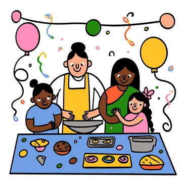 A family of four is in a bright, cheerful kitchen preparing traditional Holi sweets. The father has light skin and short black hair, wearing an apron over a white shirt, while the mother has light brown skin and long black hair, wearing a colorful sari. Their two children, a boy with big eyes and dark hair wearing a blue t-shirt, and a girl with big eyes and braided hair wearing a pink dress, are eagerly helping. The kitchen is filled with colorful decorations, including vibrant balloons and streamers in shades of pink, green, and yellow. A table is covered with various ingredients for the sweets, and there are trays of freshly made treats waiting to be decorated.