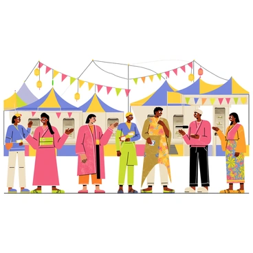 A bustling festival scene filled with colorful decorations and diverse attire. In the foreground, people are wearing traditional clothing from various cultures, such as a bright red kimono, a flowing Indian saree, and a colorful African dashiki. The background features tents adorned with flags and lanterns representing different countries. Strings of lights hang overhead, illuminating the scene with a warm glow. Stalls display a variety of international foods, and attendees are engaged in lively conversations while enjoying the festivities. Colorful patterns and textures create a rich tapestry reflecting global cultures.
