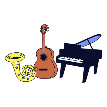 A collection of musical instruments displayed together. There is a shiny golden trumpet embellished with small, colorful gemstones that sparkle subtly. Next to it, a wooden guitar features a rich design, with gemstones set into the soundhole, emitting a gentle glow. A sleek black piano stands nearby, each key delicately outlined with miniature gemstones that reflect a soft light. The backdrop is minimalistic, allowing the instruments and their gemstone details to stand out prominently.