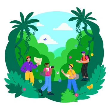 A flat-3D rainforest scene featuring lush green foliage in various shades. Several explorers, dressed in outdoor gear, are navigating through the thick plants and trees. One explorer is holding a map, while another is observing the surroundings with binoculars. Sunlight filters through the dense canopy above, creating patterns of light and shadow on the forest floor. Vines dangle from branches, and colorful flowers peek out from the greenery. Small creatures, like butterflies and birds, are scattered throughout the scene, adding life to the environment.