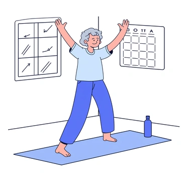 An elderly person with gray hair is standing in a bright, spacious room. They are wearing comfortable athletic clothing, including a loose-fitting t-shirt and sweatpants. The person is gently lifting their arms above their head, displaying a light stretching exercise. A yoga mat lies on the floor beneath them, and there is a water bottle nearby. Sunlight streams through a large window, illuminating the scene. On the wall behind them, there is a calendar marking the days of the week.