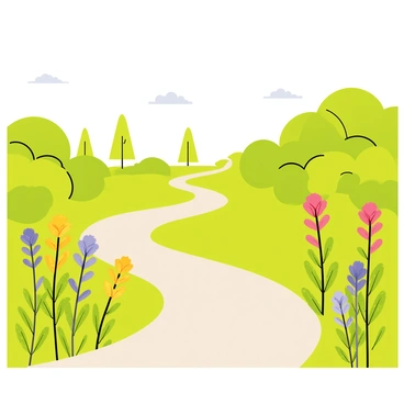 A winding path meanders through vibrant green bushland. The path is flanked by clusters of native flowers in various colors, including bright yellow, deep purple, and soft pink. Tall shrubs with textured leaves surround the path, adding to the lush scenery. In the distance, the suggestion of tall trees can be seen, partially obscured by the foliage. The sky above is clear, with a few fluffy white clouds drifting by.