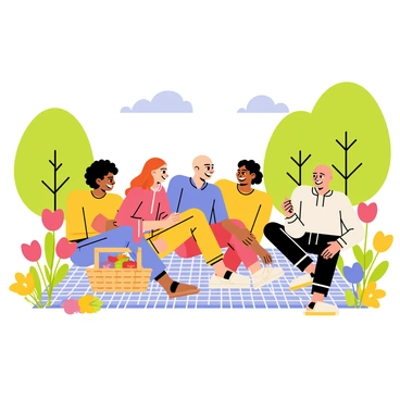 A group of five friends sitting on a checkered picnic blanket, all smiling and laughing together. The friends are of different ethnicities, including one with curly black hair, one with straight brown hair, one with blonde hair, one with long red hair, and one who is bald. They are surrounded by a variety of colorful flowers including red, yellow, and blue blooms in the sunny park. A basket filled with fruits and sandwiches sits beside them. In the background, green trees stand tall under a clear blue sky with a few fluffy clouds.