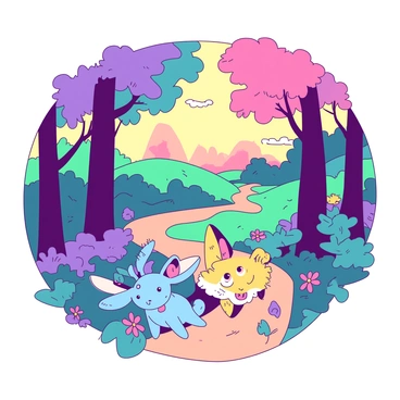 A duotone illustration depicts a whimsical forest path winding through vibrant trees, with their leaves in shades of {color_1} and {color_2}. Friendly creatures line the path, including a small blue rabbit with large ears and a cheerful smile, accompanied by a yellow fox with bright eyes. Alongside the path, there are colorful flowers in varying sizes and shapes, adding to the enchanting scene. In the background, hints of a serene sunset sky can be seen through the branches, casting soft light on the winding trail. The creatures seem to be playfully interacting, inviting the viewer to follow the path deeper into the forest.