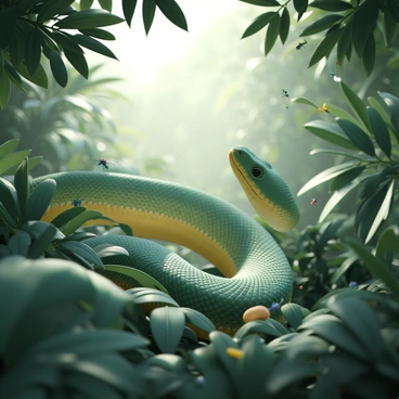 A large green python, Kaa, is gliding swiftly through dense undergrowth. The snake's scales shimmer with various shades of green and yellow as it moves. Leaves and small branches scatter around, disturbed by its slithering motion. Sunlight filters through the canopy above, casting dappled shadows on the forest floor. Small insects and creatures scurry away from the sudden movement. The scene captures the dynamic energy of Kaa's journey through the lush jungle foliage.