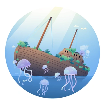 A large, ancient shipwreck is submerged underwater, showcasing its weathered wooden hull and broken mast. The ship is partially covered in coral and seaweed, hinting at years of being lost beneath the waves. Surrounding the ship, numerous jellyfish float gracefully, their translucent bodies glowing softly in shades of blue and purple. The jellyfish have long, trailing tentacles that drift in the gentle currents. Sunlight filters through the water's surface, casting a serene glow over the scene, illuminating both the ship and the delicate jellyfish.