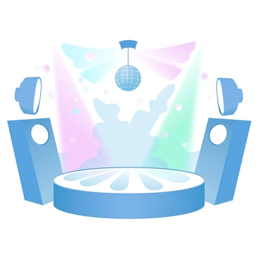 A disco stage is illuminated by vibrant, colorful lights in shades of pink, blue, and green. The stage features a mirrored disco ball hanging from the ceiling, reflecting the lights onto the floor. Surrounding the stage are speakers and large, retro-style light fixtures. The floor is covered in a shiny surface that reflects the dazzling colors above, while silhouettes of abstract shapes are visible amidst the lighting effects. A large backdrop with bold geometric patterns enhances the '70s vibe of the scene.