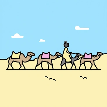 A line of camels, each carrying colorful woven saddlebags, walking in single file across a vast expanse of golden sand dunes. The camels are a mix of light brown and dark brown, their humps rising prominently against the backdrop of the desert. In the distance, a clear blue sky stretches endlessly, with a few wispy clouds drifting. The sand ripples beneath their feet, creating gentle waves, while the sun casts long shadows behind them. A person dressed in flowing, light-colored clothing rides one of the camels, holding the reins.