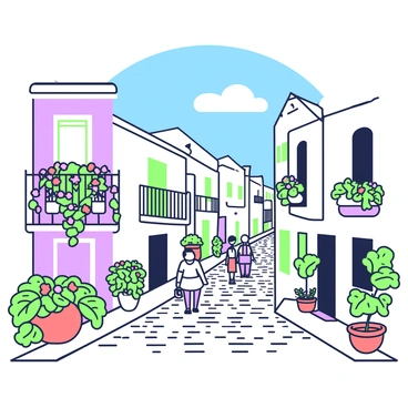 A picturesque Mediterranean village is depicted with whitewashed buildings adorned with vibrant flowers. The foreground features a cobblestone pathway lined with green-leaved plants and pots of colorful blooms, such as red and pink geraniums. In the background, several buildings rise, their smooth white surfaces reflecting sunlight. Balconies with green iron railings showcase cascading flower pots. A clear blue sky is visible above, while a few fluffy clouds drift lazily. A small group of people can be seen walking along the pathway, enjoying the charm of the village.