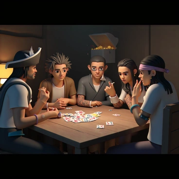A group of villainous pirates gathered around a table, plotting a card heist