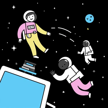 Two astronauts in vibrant, multicolored space suits are floating in the vastness of space. They are positioned near a sleek, futuristic space station with angular designs and glowing blue lights. One astronaut is performing a spacewalk, reaching out towards the station, while the other is gently spinning, their suit reflecting the colors of the cosmos. The backdrop features a deep black sky dotted with bright stars and a distant planet partially illuminated.