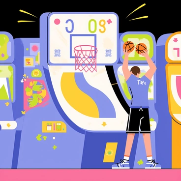 An arcade basketball game featuring a vibrant machine with colorful graphics. A player is positioned in front of the game, wearing a blue jersey and black shorts, focusing intently on the hoop. The player is mid-action, raising their arms to shoot a basketball towards the hoop. Bright lights illuminate the arcade surrounding the machine, and a scoreboard displays the player's score in bold numbers. Several other arcade games are visible in the background, adding to the lively atmosphere.