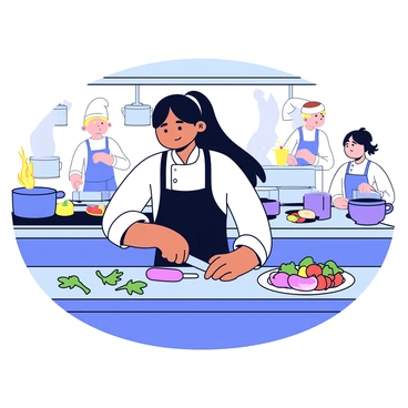 A woman chef with long dark hair tied back is wearing a white chef's jacket and a black apron. She is standing at a stainless steel countertop, skillfully chopping colorful vegetables with a sharp knife. Behind her, there are various pots and pans on a cooking range, with flames rising from one of the burners. The kitchen is busy, with other chefs in the background working swiftly. Fresh herbs are scattered across the countertop, and there is a plate with an elegantly arranged dish ready for serving beside her. The atmosphere is lively, reflecting the energy of a professional kitchen.