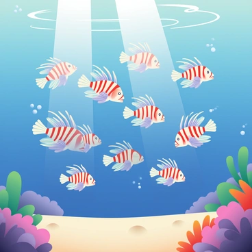 A shoal of lionfish is swimming gracefully through the ocean. The lionfish display vibrant colors with distinctive white and red stripes on their bodies. Their long, venomous fins are spread wide, creating an elegant silhouette against the deep blue water. Sunlight filters down from the surface, illuminating the fish and casting soft shadows on the sandy ocean floor below. In the background, coral formations provide a rich habitat, with hints of green and orange hues visible among the rocks. Small bubbles rise as the shoal moves, adding a sense of motion to the serene underwater scene.
