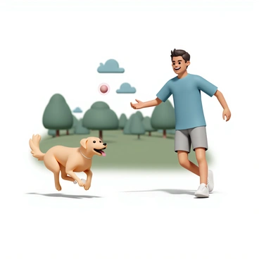 A person, wearing a blue t-shirt, grey shorts, and white sneakers, is throwing a bright red ball in a sunny park. The park is filled with green grass and several trees in the background. A joyful golden retriever is running with its tongue out, chasing after the ball. The sun is shining brightly, casting clear shadows on the ground. The person is smiling, enjoying the moment of play and connection with the dog.