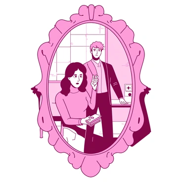 A pink ornate mirror reflects a woman with a concerned expression holding a small stack of money in her left hand. In the reflection, she stands behind a man who is tall and confident, holding a large bundle of cash in his right hand. The background consists of a simple room with light-colored walls and a small table beside the mirror. The light from a nearby window casts shadows that add depth to the scene.