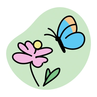 A butterfly with vibrant blue and orange wings is gently landing on a blooming pink flower. The flower has delicate petals that are fully open, revealing a yellow center. The background is a soft green, complementing the colors of the butterfly and flower. The scene captures the moment of interaction between the butterfly and the flower in a clear and defined manner.