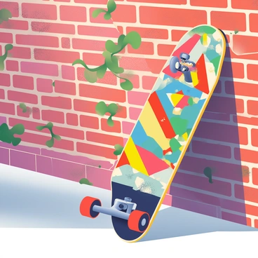 An old-school skateboard with vibrant, retro graphics is leaning against a textured brick wall. The skateboard has a classic shape with a wide deck, featuring a colorful design that includes geometric patterns and bold colors, showcasing a nostalgic aesthetic. The brick wall behind it is weathered and has various shades of red and brown, with some areas covered in creeping green vines. Sunlight casts soft shadows on the skateboard, highlighting its worn edges and scuffed wheels.