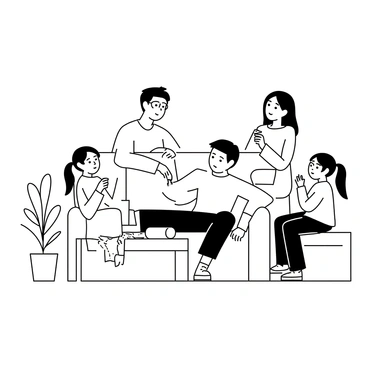 A living room scene featuring a man sitting comfortably on a couch, with his legs up on a coffee table. He has short hair and is wearing a t-shirt and sweatpants. Surrounding him are three family members: a woman with long hair, wearing a cozy sweater, holding a bowl of ice cream; a teenage boy with glasses, sitting on the armrest and looking concerned; and a younger girl with pigtails, holding a get-well card. Soft pillows and a blanket are draped around the man, creating a warm atmosphere. A houseplant is positioned in the corner of the room.