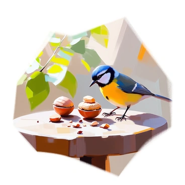 A great tit with distinctive yellow and black plumage is perched on a rustic wooden garden table, focused intently on a nut. The bird's beak is open wide as it prepares to crack the hard shell of the nut. Surrounding the great tit, small bits of shell are scattered across the table, indicating its efforts. Sunlight filters through nearby leaves, casting gentle shadows on the table's surface, enhancing the vibrant colors of the bird and the natural setting.