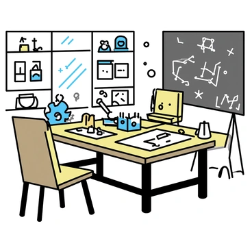 A cluttered inventor’s workshop, featuring a wooden workbench covered with various tools, gadgets, and blueprints spread across its surface. There are several gears of different sizes and shapes scattered around the workbench, along with a few mechanical devices in various stages of assembly. On the walls, shelves are stacked with jars of screws, bolts, and small electronic components. A large window allows light to pour into the room, illuminating the dust motes floating in the air. An old, worn leather chair sits in the corner, facing a chalkboard filled with sketches and diagrams.