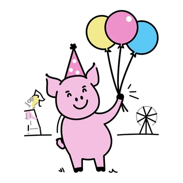 A cheerful pig with a pink body and a broad smile is standing upright, holding a bunch of colorful balloons in its front hooves. The balloons are vibrant in colors, including red, blue, yellow, and green, floating above the pig's head. The pig is wearing a small, red party hat adorned with white polka dots. In the background, there are faint outlines of fair attractions, such as a Ferris wheel and colorful tents. The ground is depicted with simple lines suggesting grass and pathways, creating a lively fair atmosphere.