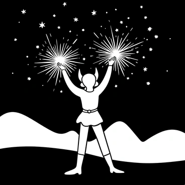 An elf standing on a grassy hill, with long ears and flowing hair, raises both hands above their head. The hands are surrounded by intricate patterns of light that resemble sparkling energy, illuminating the air around them. Above, a starry sky is filled with numerous stars twinkling brightly, creating a magical atmosphere. In the background, silhouettes of distant mountains can be seen under the night sky.