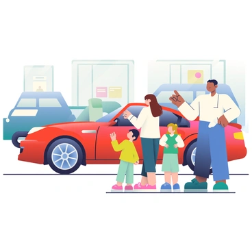 A salesperson with short black hair and wearing a crisp white shirt is enthusiastically gesturing toward a shiny new car in a showroom. The car is a sleek, modern sedan with a shiny red exterior and chrome accents. In front of the car, a family consisting of a father with light brown hair, a mother with long dark hair, and two children, a boy and a girl, are looking at the vehicle with wide eyes and smiles. The father has his hands on his hips, while the mother is pointing at the car's features. The showroom has bright, well-lit displays and several other vehicles in the background.