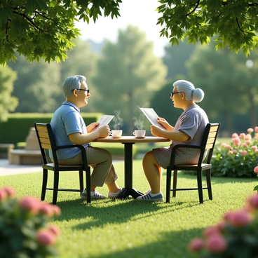 An elderly couple is sitting at a small round table in a lush green garden. The man has gray hair and is wearing a light blue shirt with khaki pants. The woman has white hair pulled back in a bun and is wearing a floral dress. They each have a steaming cup of coffee in front of them and are reading from newspapers. Surrounding them are blooming flowers in various colors, with sunlight filtering through the leaves of nearby trees, casting gentle shadows on the ground. The atmosphere is serene, capturing a moment of tranquility in their morning routine.