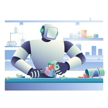 A robot with a sleek metallic body and a blank, expressionless face is located at a factory assembly line. The robot's arms are extended, and it is precisely assembling various parts, including gears and small electronic components. The assembly line is illuminated by overhead lights, casting reflections on the robot's surface. In the background, other machines and tools are visibly organized along the factory workspace. Scattered parts and materials are placed on the conveyor belt, demonstrating the active manufacturing process.