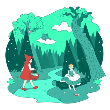 A whimsical multi-scene illustration depicting famous fairy tale characters in a magical forest.