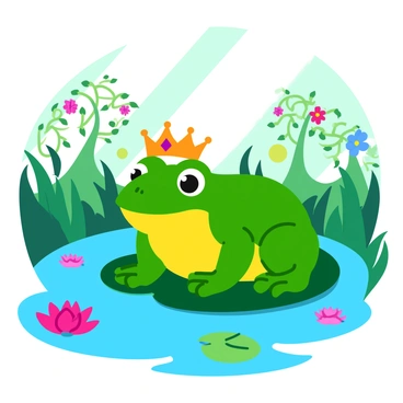 A green bullfrog with large, bright eyes sits on a lily pad. The bullfrog is adorned with a delicate tiara, glittering with tiny jewels. Surrounding the lily pad, there is a shimmering pond filled with vibrant water lilies and lush green reeds. In the background, whimsical trees with swirling branches and colorful flowers create a magical atmosphere. Soft rays of sunlight filter through the leaves, adding a warm glow to the scene.