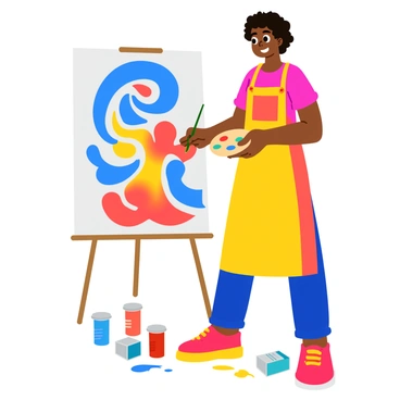 An artist with curly hair wearing a colorful apron stands in front of a large canvas. They are mixing vibrant paints on a palette, using a brush to blend various shades together. The canvas displays an abstract design featuring swirls of blues, reds, and yellows. Several paint tubes in a range of colors are scattered around the artist, and splatters of paint are visible on the floor, adding to the creative environment. The artist's focused expression shows their dedication to the artwork.